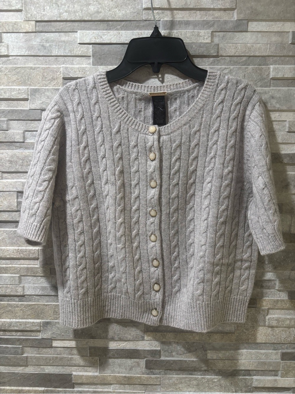 100%Cashmere Cable-Knit Short-Sleeve Cardigan Sweater - Light Gray size XS